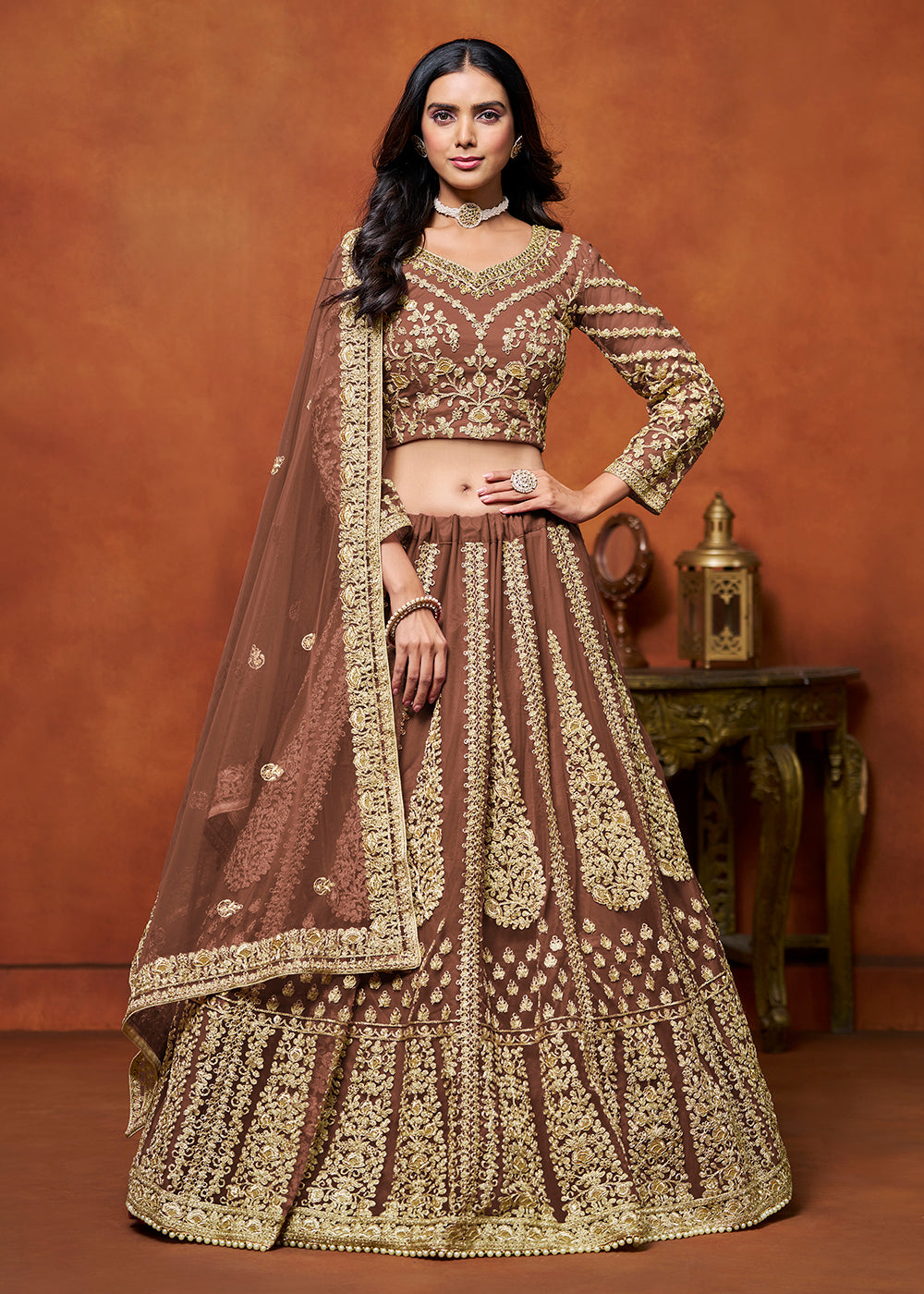 Buy Now Snuff Brown Net Embroidered Festive Lehenga Choli Online in USA, UK, Canada, UAE & Worldwide at Empress Clothing. 