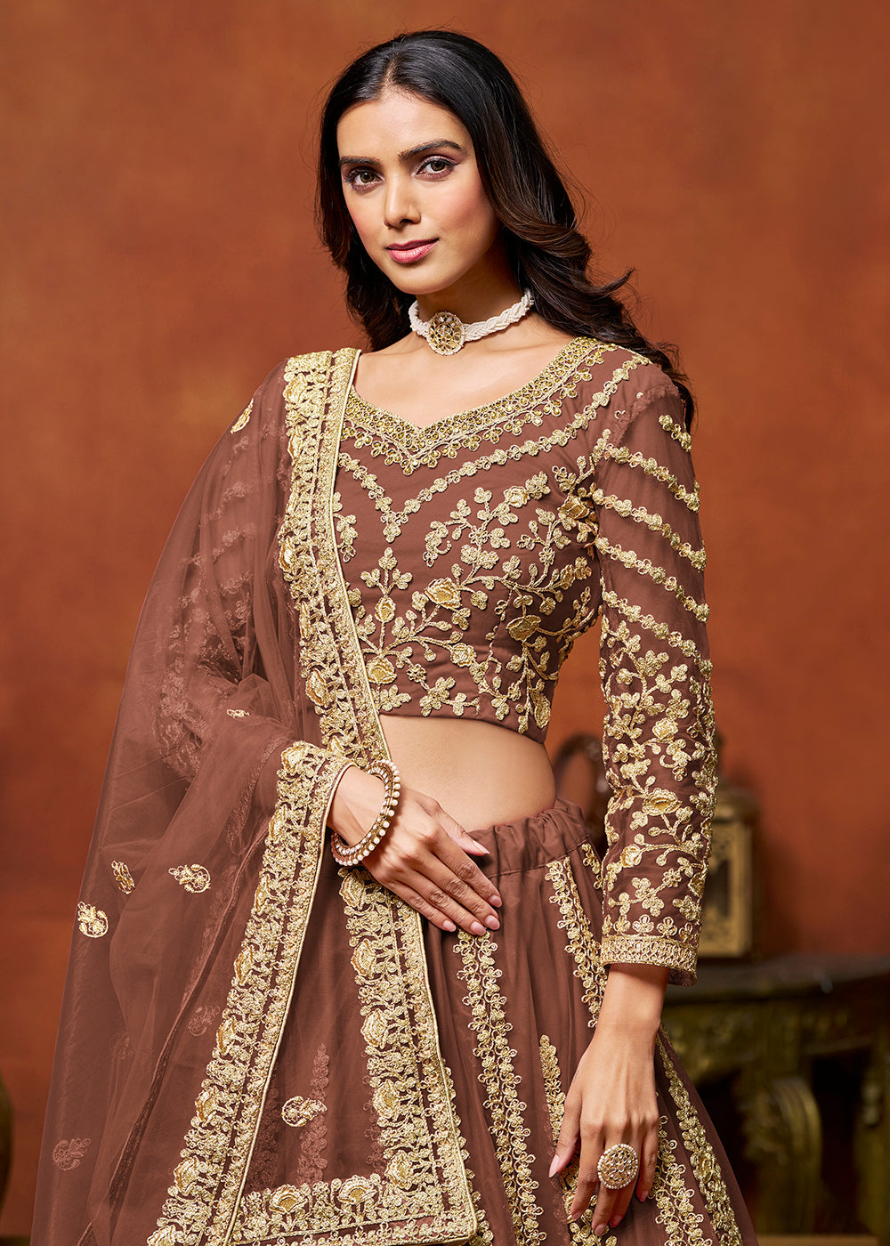 Buy Now Snuff Brown Net Embroidered Festive Lehenga Choli Online in USA, UK, Canada, UAE & Worldwide at Empress Clothing. 