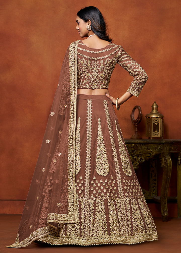 Buy Now Snuff Brown Net Embroidered Festive Lehenga Choli Online in USA, UK, Canada, UAE & Worldwide at Empress Clothing. 