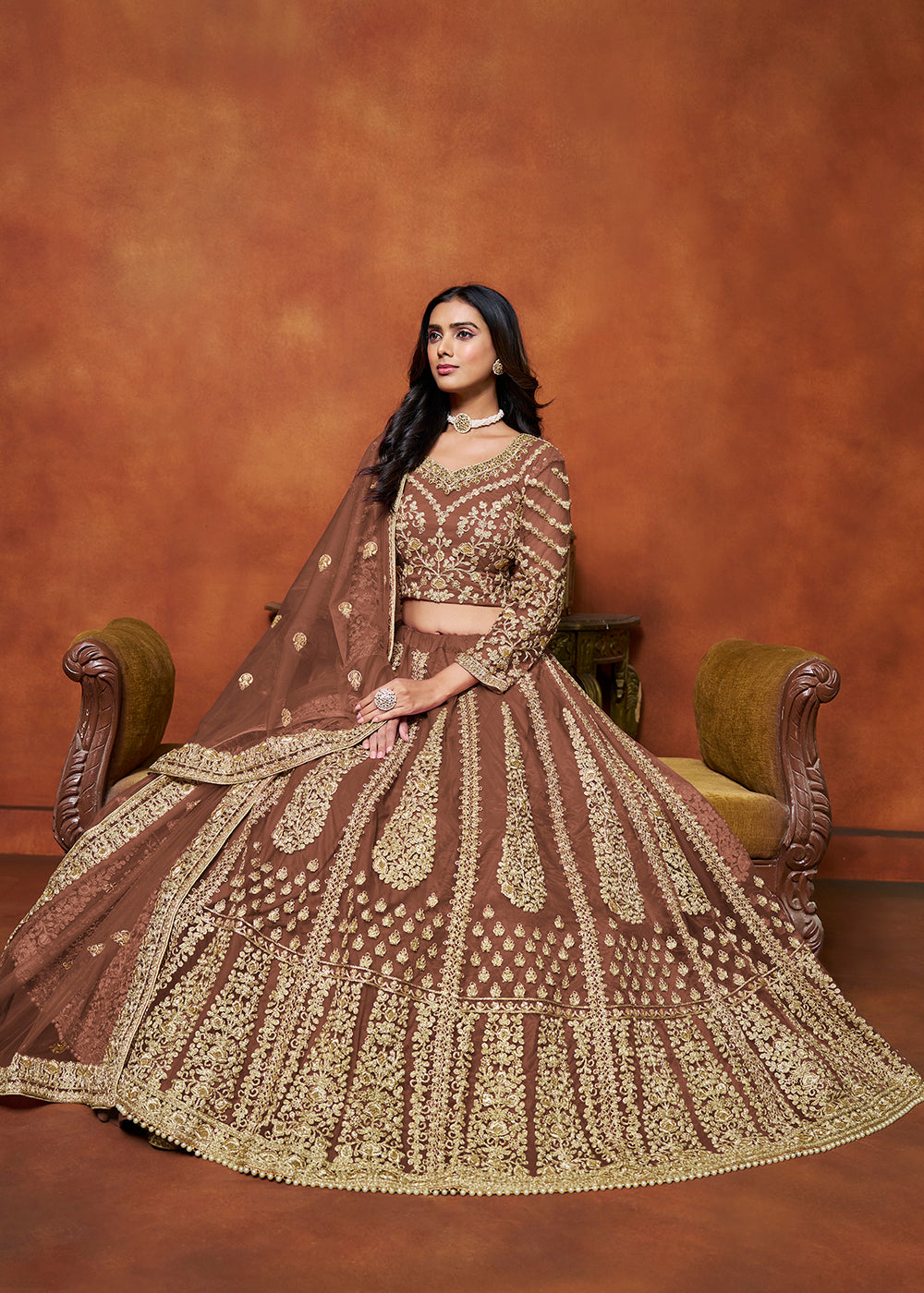 Buy Now Snuff Brown Net Embroidered Festive Lehenga Choli Online in USA, UK, Canada, UAE & Worldwide at Empress Clothing. 