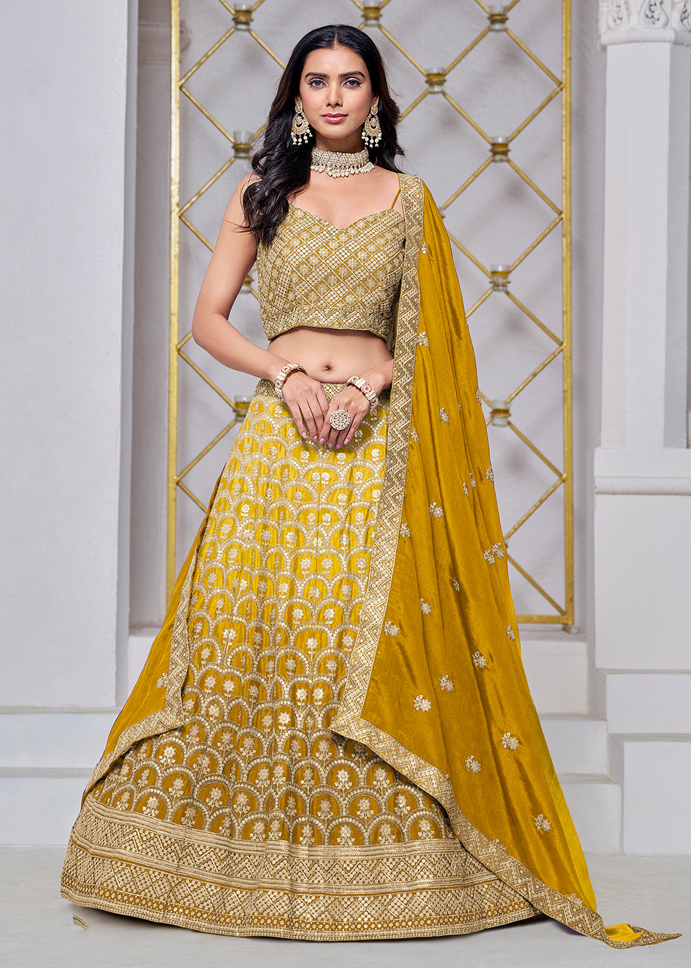 Buy Now Ombre Yellow Chinnon Embroidered Festive Lehenga Choli Online in USA, UK, Canada, UAE & Worldwide at Empress Clothing. 