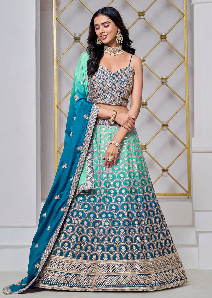 Buy Now Ombre Teal Chinnon Embroidered Festive Lehenga Choli Online in USA, UK, Canada, UAE & Worldwide at Empress Clothing. 