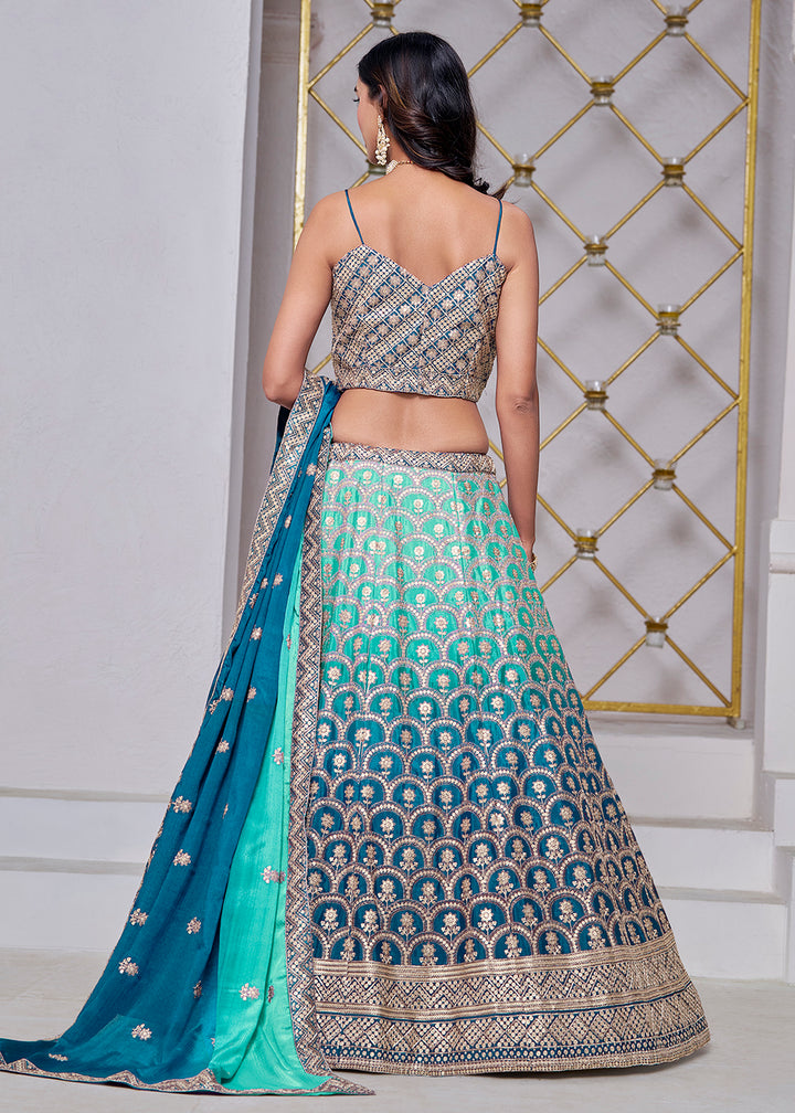 Buy Now Ombre Teal Chinnon Embroidered Festive Lehenga Choli Online in USA, UK, Canada, UAE & Worldwide at Empress Clothing. 