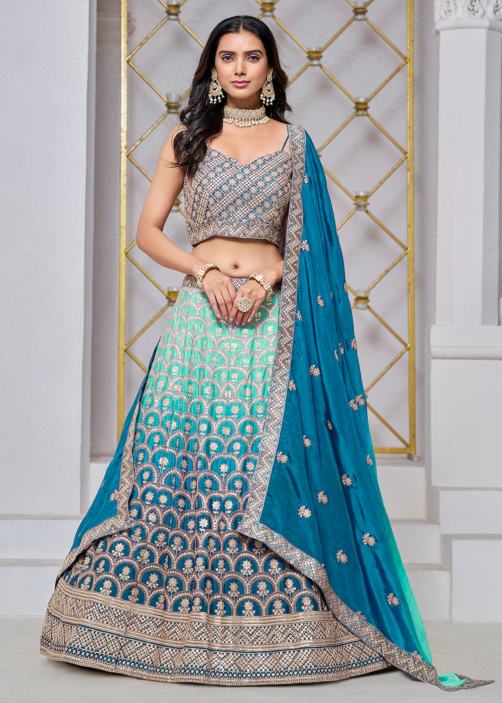 Buy Now Ombre Teal Chinnon Embroidered Festive Lehenga Choli Online in USA, UK, Canada, UAE & Worldwide at Empress Clothing. 