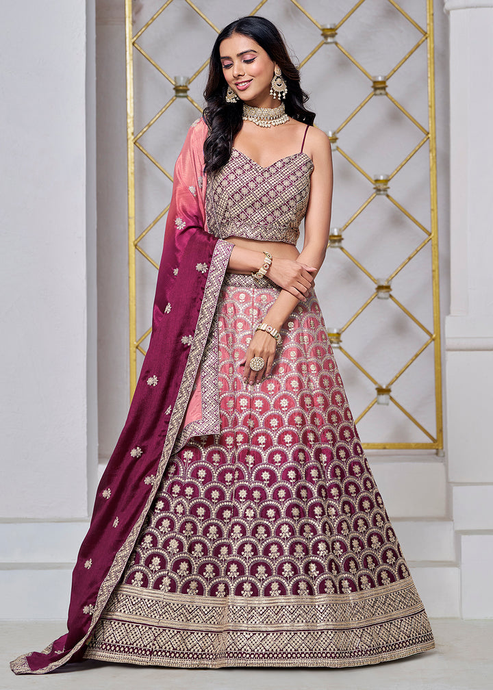 Buy Now Ombre Wine Chinnon Embroidered Festive Lehenga Choli Online in USA, UK, Canada, UAE & Worldwide at Empress Clothing.