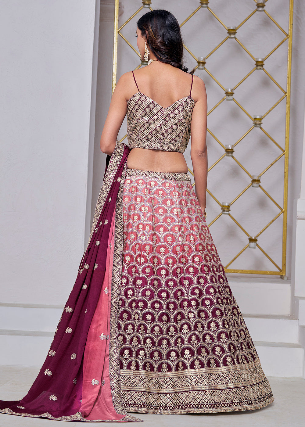 Buy Now Ombre Wine Chinnon Embroidered Festive Lehenga Choli Online in USA, UK, Canada, UAE & Worldwide at Empress Clothing.