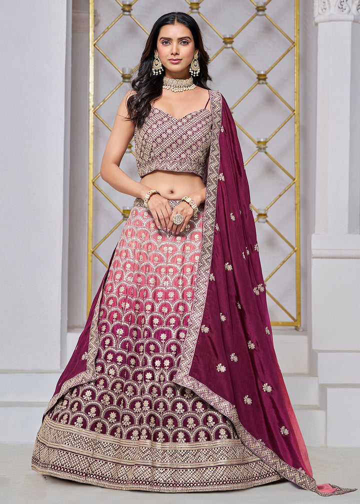 Buy Now Ombre Wine Chinnon Embroidered Festive Lehenga Choli Online in USA, UK, Canada, UAE & Worldwide at Empress Clothing.