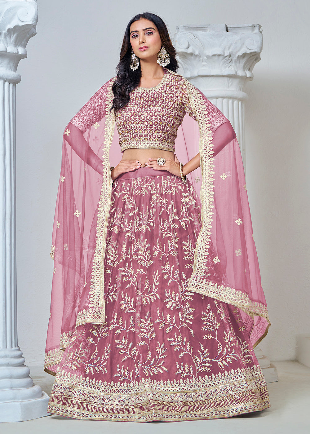 Buy Now Pink Net Embroidered Wedding Festive Lehenga Choli Online in USA, UK, Canada, Germany & Worldwide at Empress Clothing. 