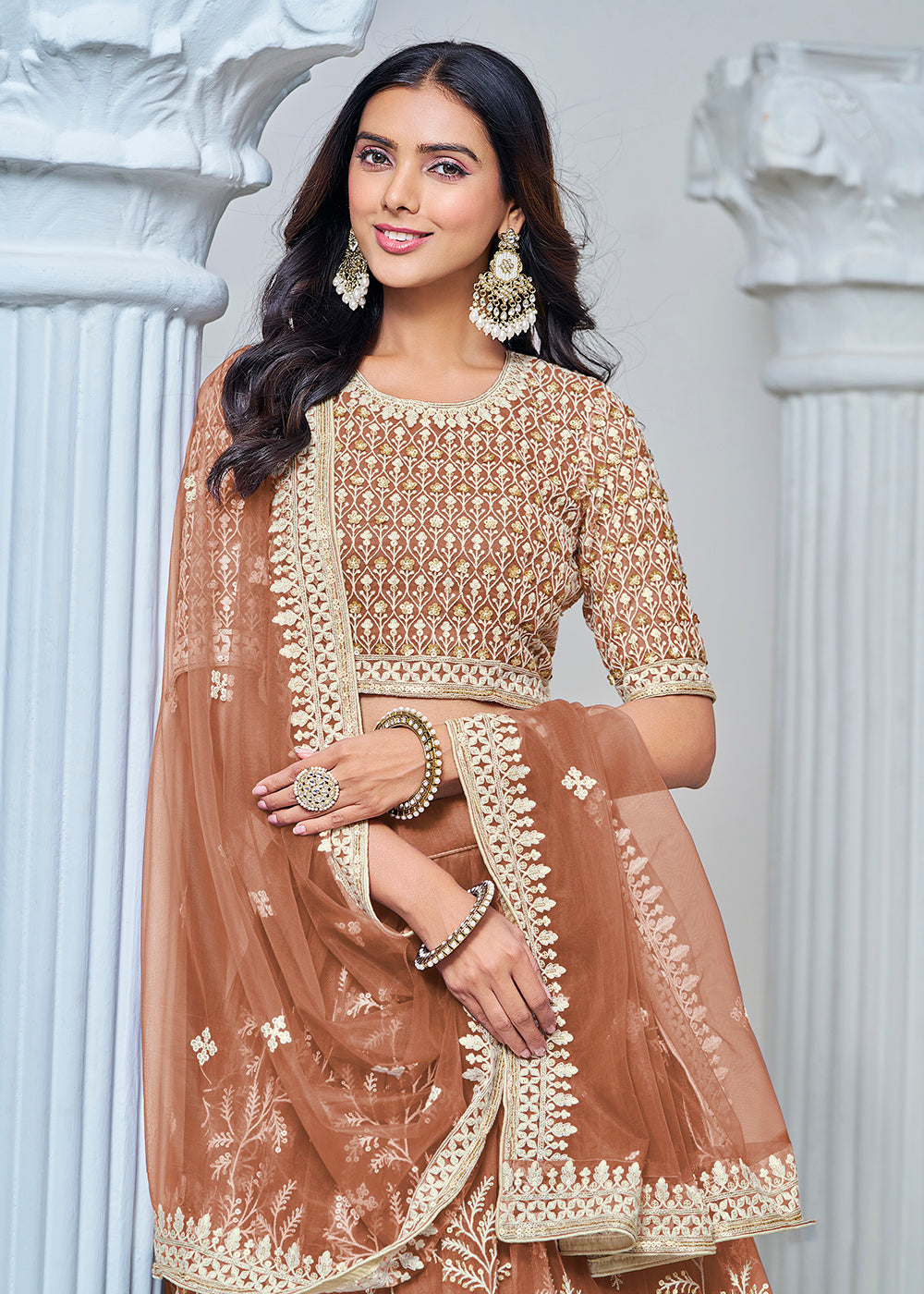 Buy Now Brown Net Embroidered Wedding Festive Lehenga Choli Online in USA, UK, Canada, UAE & Worldwide at Empress Clothing.