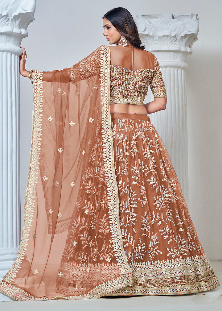 Buy Now Brown Net Embroidered Wedding Festive Lehenga Choli Online in USA, UK, Canada, UAE & Worldwide at Empress Clothing.