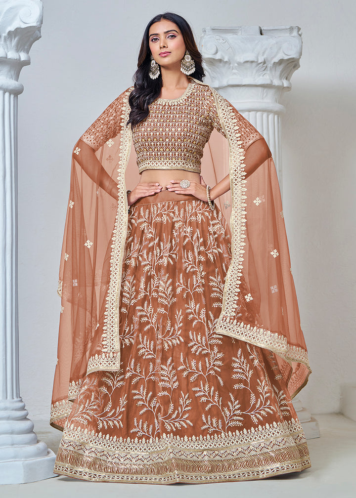 Buy Now Brown Net Embroidered Wedding Festive Lehenga Choli Online in USA, UK, Canada, UAE & Worldwide at Empress Clothing.