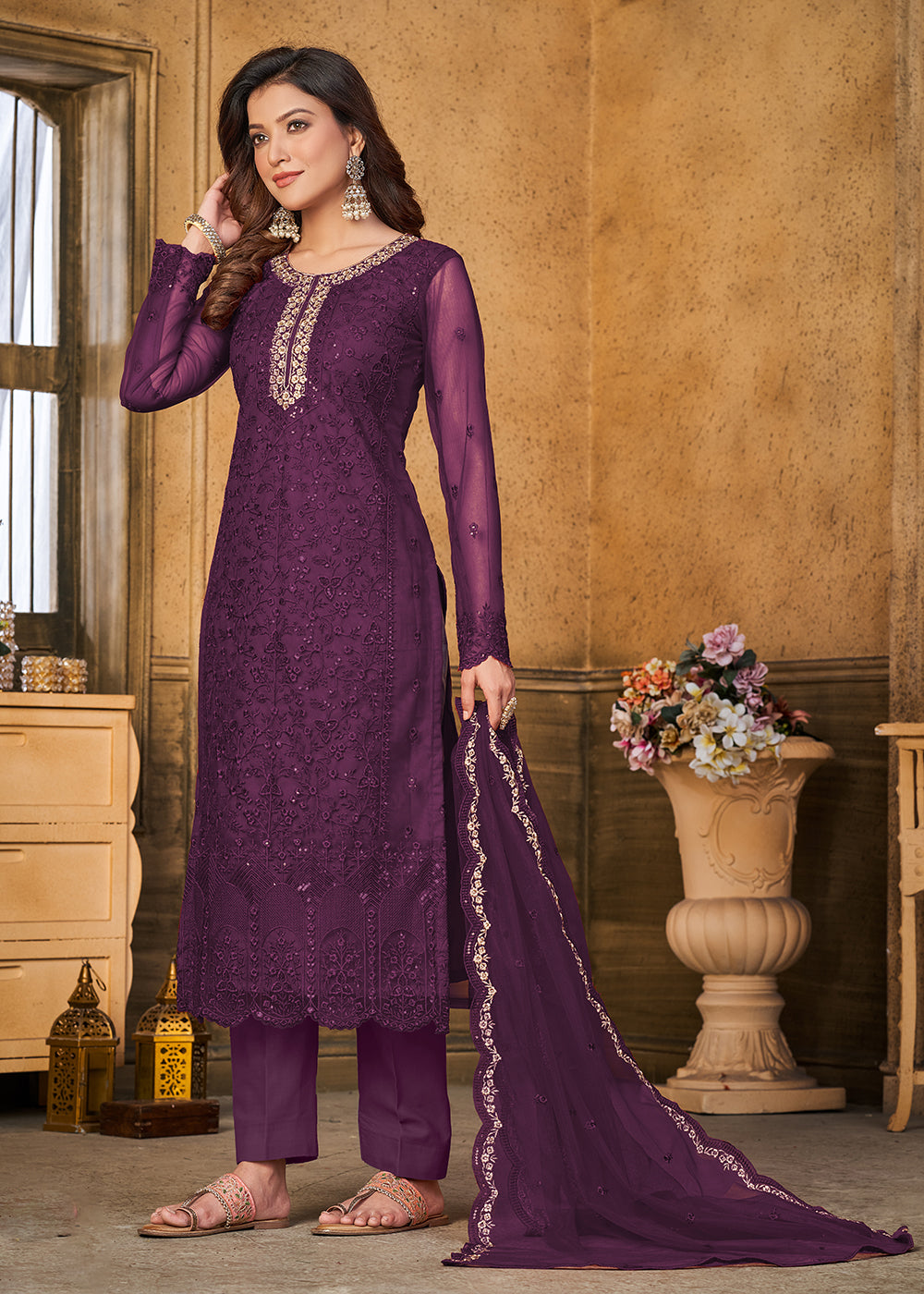 Purple Punjabi Suit In Thread Embroidery 6035SL04