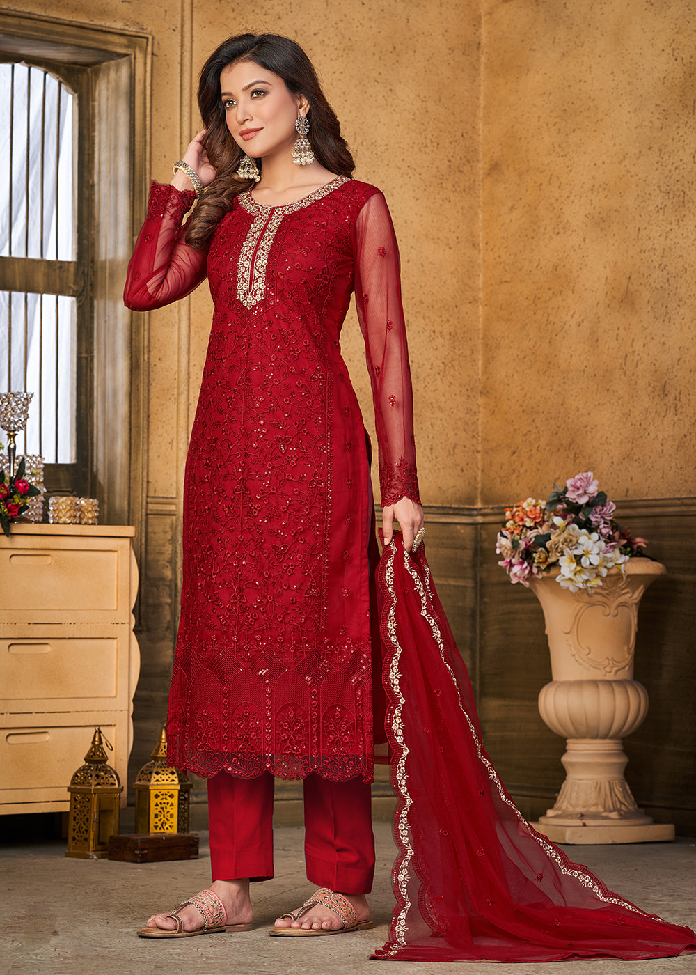Buy Now Festive Party Red Net Embroidered Trendy Salwar Suit Online in USA, UK, Canada, Germany, Australia & Worldwide at Empress Clothing. 