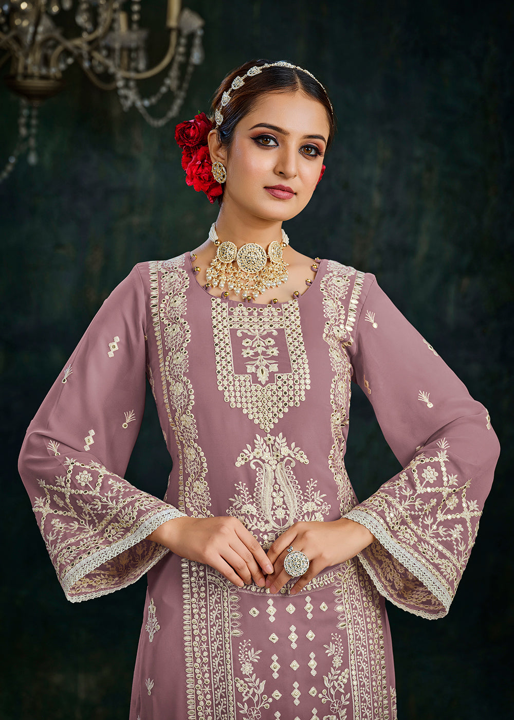 Buy Now Ethereal Mauve Foil Mirror Embroidered Palazzo Salwar Suit Online in USA, UK, Canada, Germany, Australia & Worldwide at Empress Clothing. 