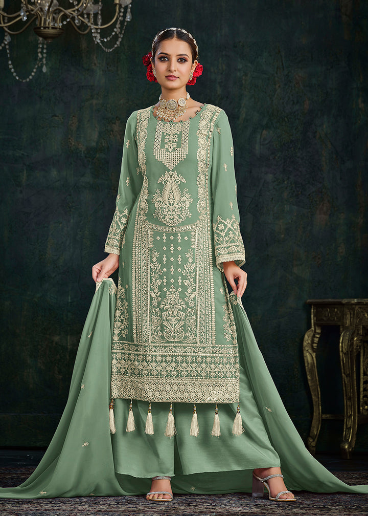 Buy Now Ethereal Green Foil Mirror Embroidered Palazzo Salwar Suit Online in USA, UK, Canada, Germany, Australia & Worldwide at Empress Clothing. 