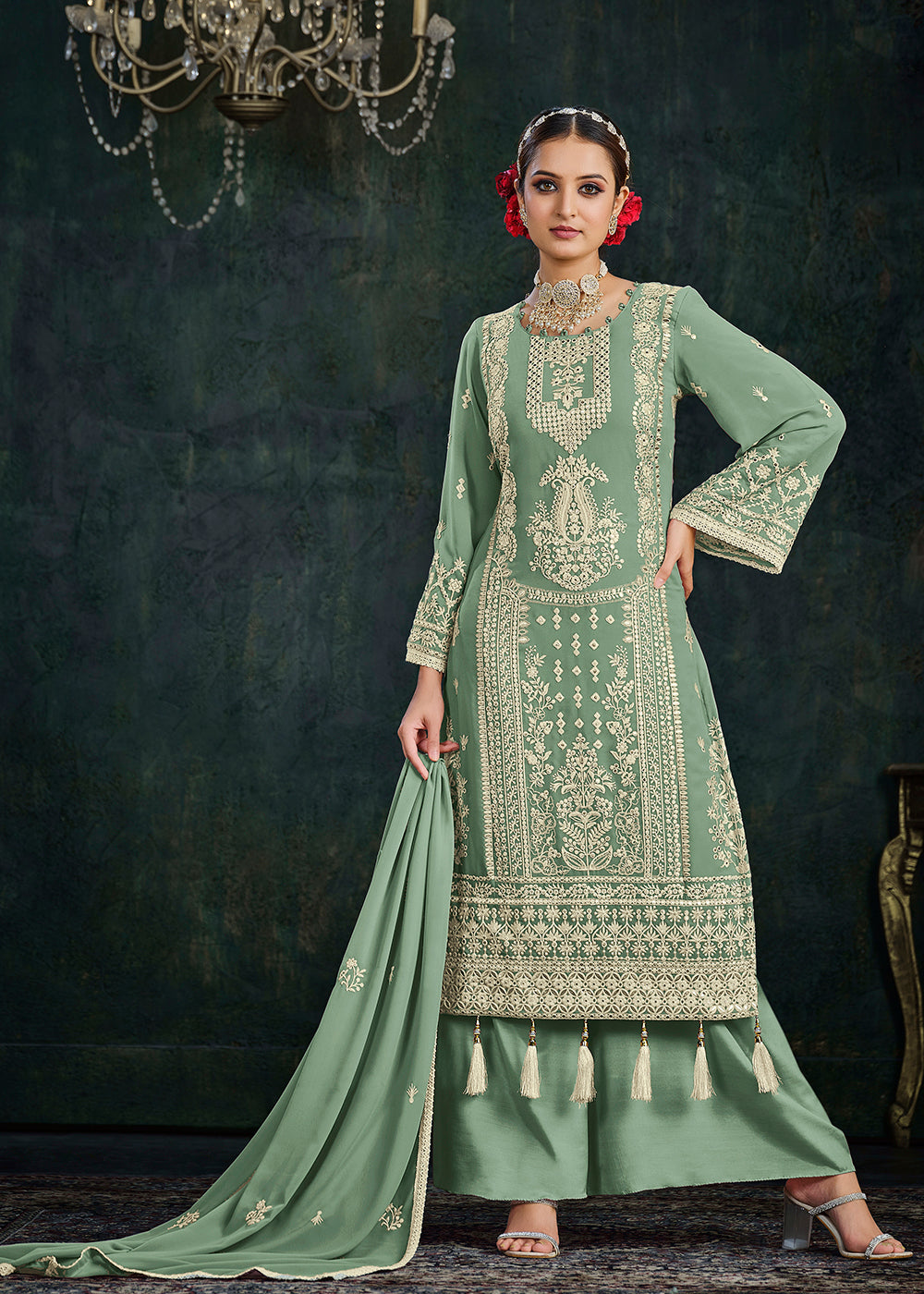 Buy Now Ethereal Green Foil Mirror Embroidered Palazzo Salwar Suit Online in USA, UK, Canada, Germany, Australia & Worldwide at Empress Clothing. 