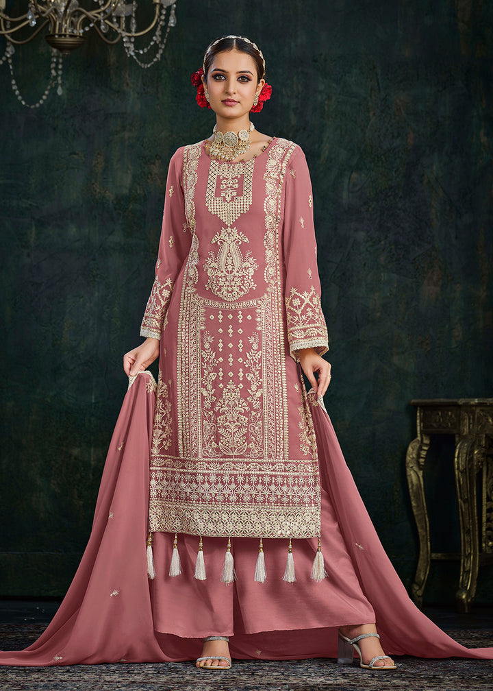 Buy Now Ethereal Pink Foil Mirror Embroidered Palazzo Salwar Suit Online in USA, UK, Canada, Germany, Australia & Worldwide at Empress Clothing.