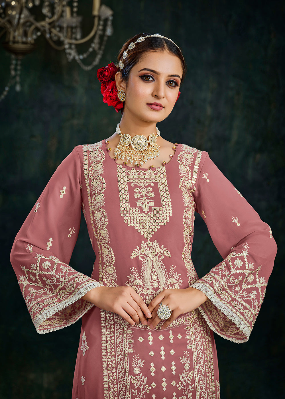 Buy Now Ethereal Pink Foil Mirror Embroidered Palazzo Salwar Suit Online in USA, UK, Canada, Germany, Australia & Worldwide at Empress Clothing.