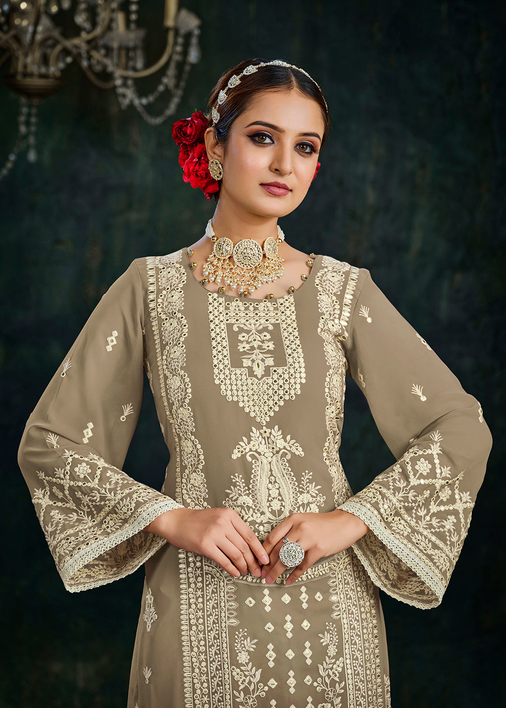 Buy Now Ethereal Beige Foil Mirror Embroidered Palazzo Salwar Suit Online in USA, UK, Canada, Germany, Australia & Worldwide at Empress Clothing. 