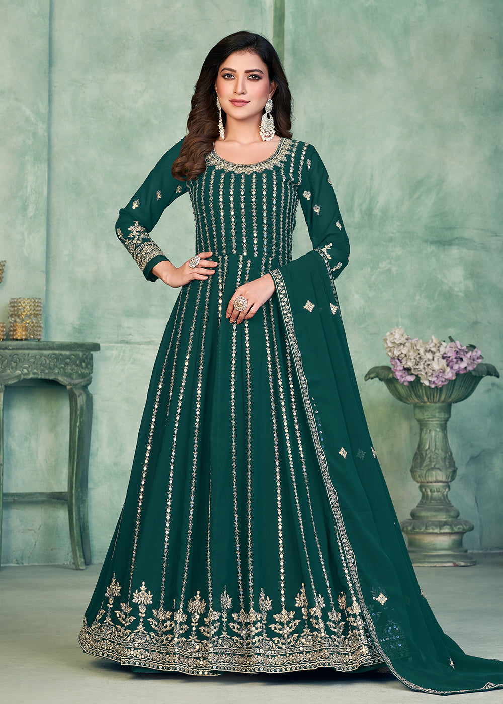 Buy Now Georgette Fabric Green Embroidered Wedding Party Anarkali Suit Online in USA, UK, Australia, New Zealand, Canada & Worldwide at Empress Clothing. 