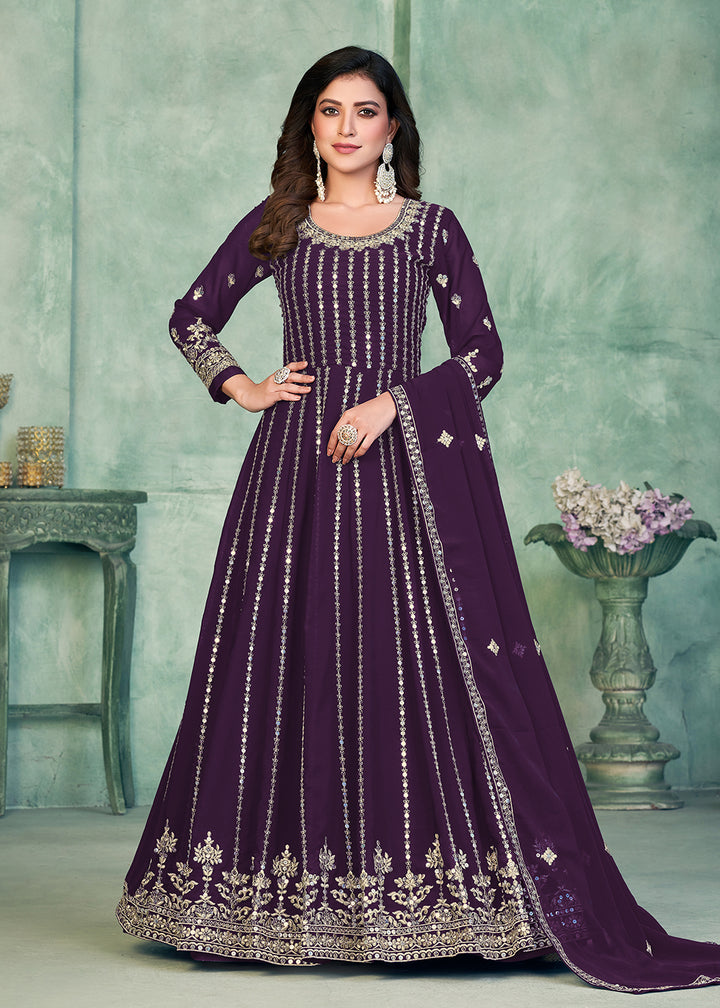 Buy Now Georgette Fabric Purple Embroidered Wedding Party Anarkali Suit Online in USA, UK, Australia, New Zealand, Canada & Worldwide at Empress Clothing.