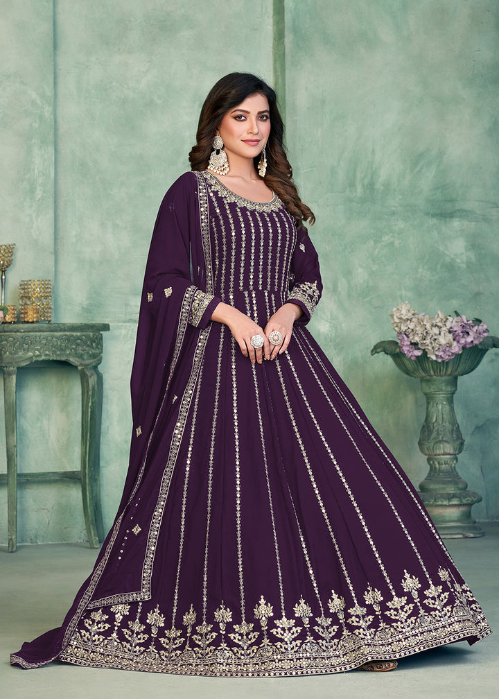Buy Now Georgette Fabric Purple Embroidered Wedding Party Anarkali Suit Online in USA, UK, Australia, New Zealand, Canada & Worldwide at Empress Clothing.