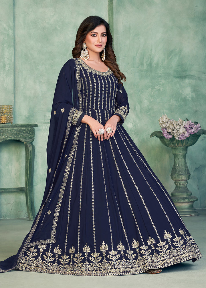 Buy Now Georgette Fabric Blue Embroidered Wedding Party Anarkali Suit Online in USA, UK, Australia, New Zealand, Canada & Worldwide at Empress Clothing.