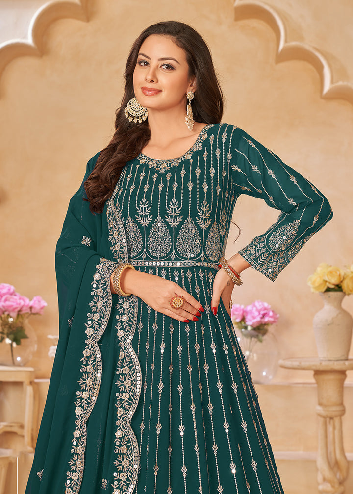 Buy Now Teal Green Resham Zari Embroidered Festive Anarkali Suit Online in USA, UK, Australia, New Zealand, Canada & Worldwide at Empress Clothing. 