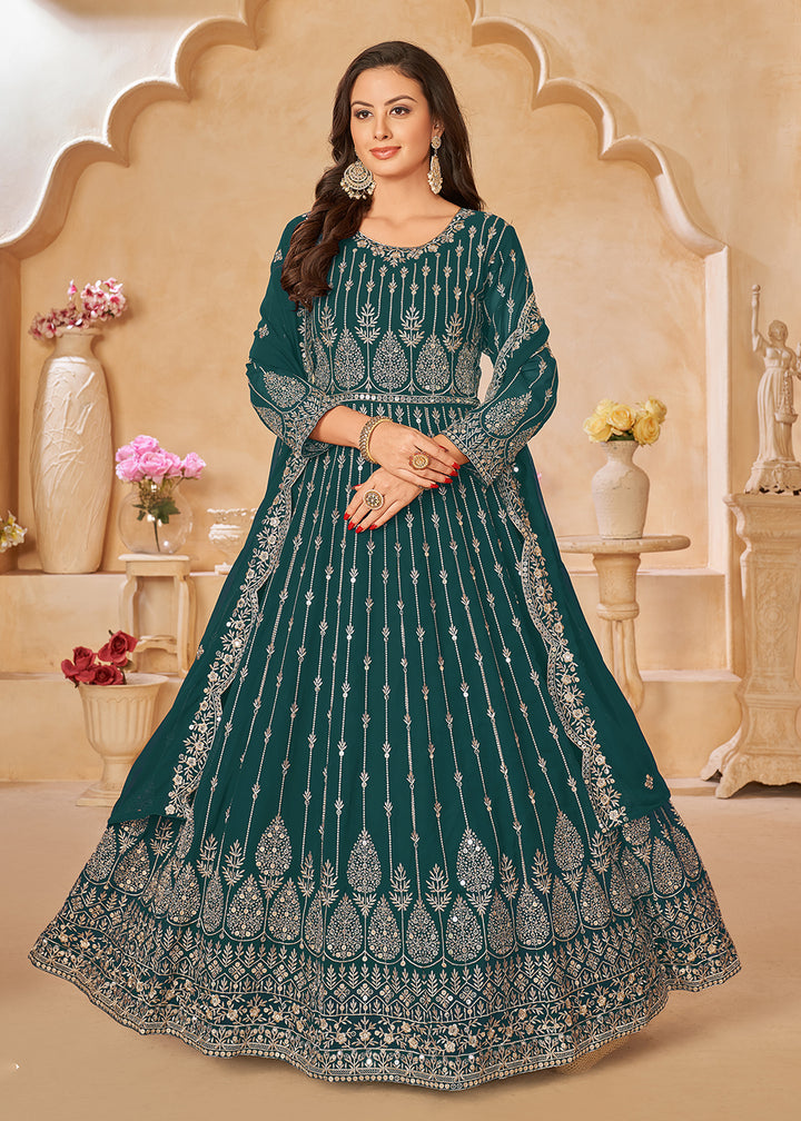 Buy Now Teal Green Resham Zari Embroidered Festive Anarkali Suit Online in USA, UK, Australia, New Zealand, Canada & Worldwide at Empress Clothing. 