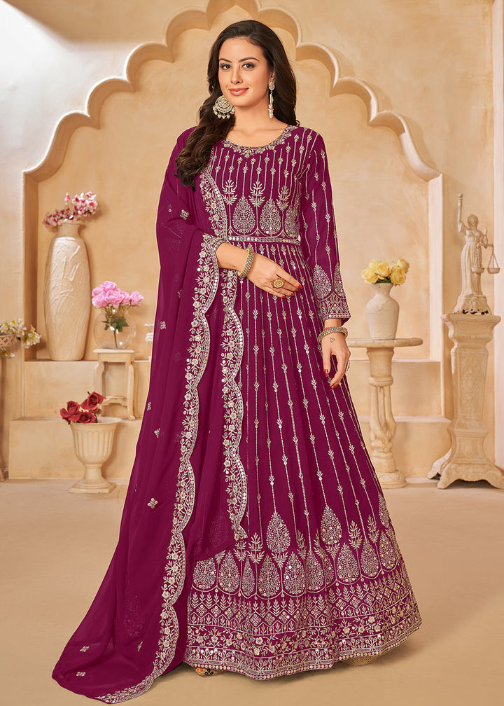 Buy Now Rani Pink Resham Zari Embroidered Festive Anarkali Suit Online in USA, UK, Australia, New Zealand, Canada & Worldwide at Empress Clothing. 