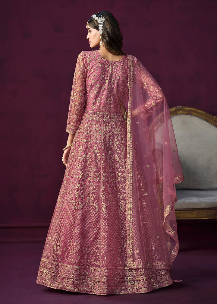 Buy Now Charming Pink Embroidered Net Floor Length Anarkali Suit Online in USA, UK, Australia, New Zealand, Canada & Worldwide at Empress Clothing.