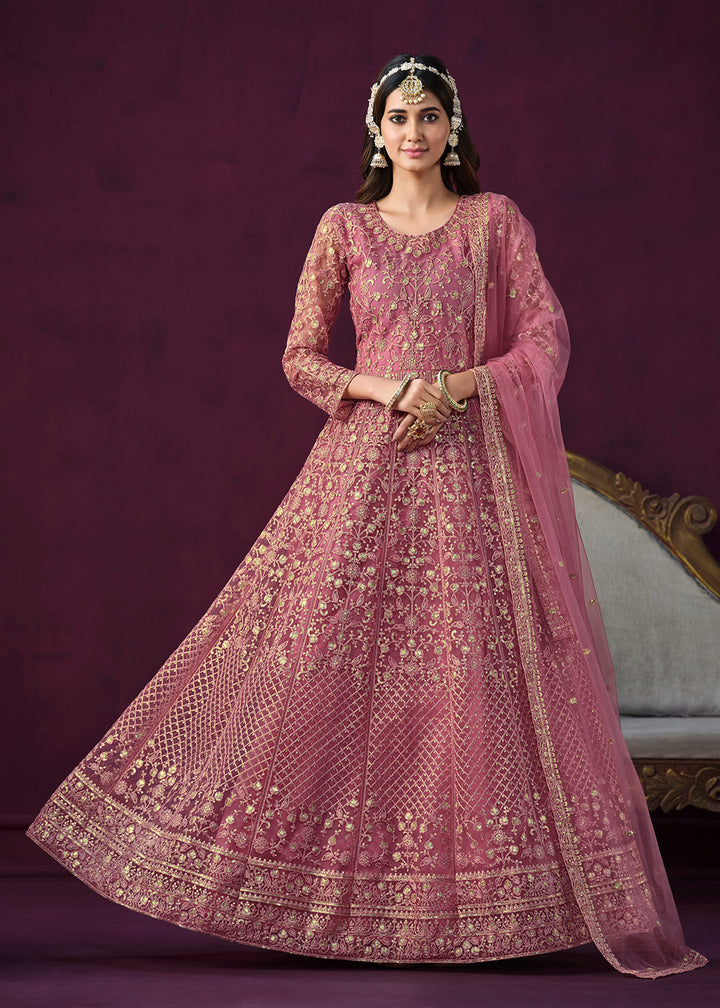 Buy Now Charming Pink Embroidered Net Floor Length Anarkali Suit Online in USA, UK, Australia, New Zealand, Canada & Worldwide at Empress Clothing.