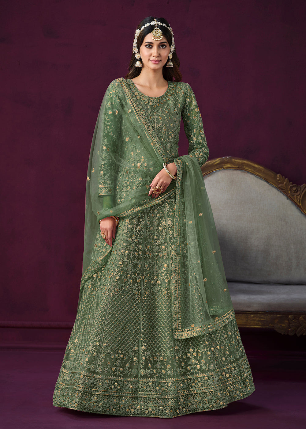 Buy Now Charming Green Embroidered Net Floor Length Anarkali Suit Online in USA, UK, Australia, New Zealand, Canada & Worldwide at Empress Clothing.