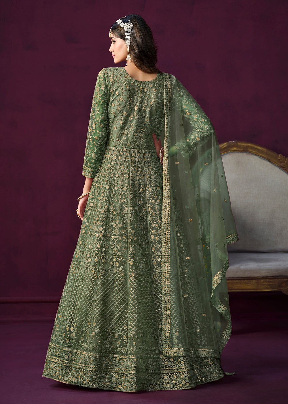 Buy Now Charming Green Embroidered Net Floor Length Anarkali Suit Online in USA, UK, Australia, New Zealand, Canada & Worldwide at Empress Clothing.