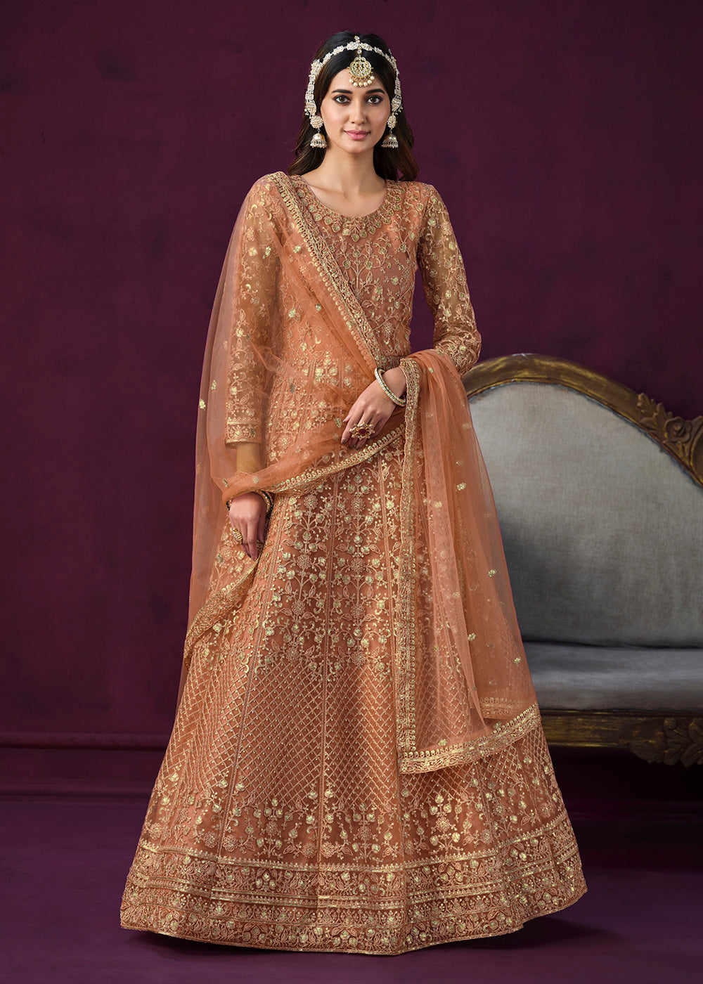 Buy Now Charming Orange Embroidered Net Floor Length Anarkali Suit Online in USA, UK, Australia, New Zealand, Canada & Worldwide at Empress Clothing.
