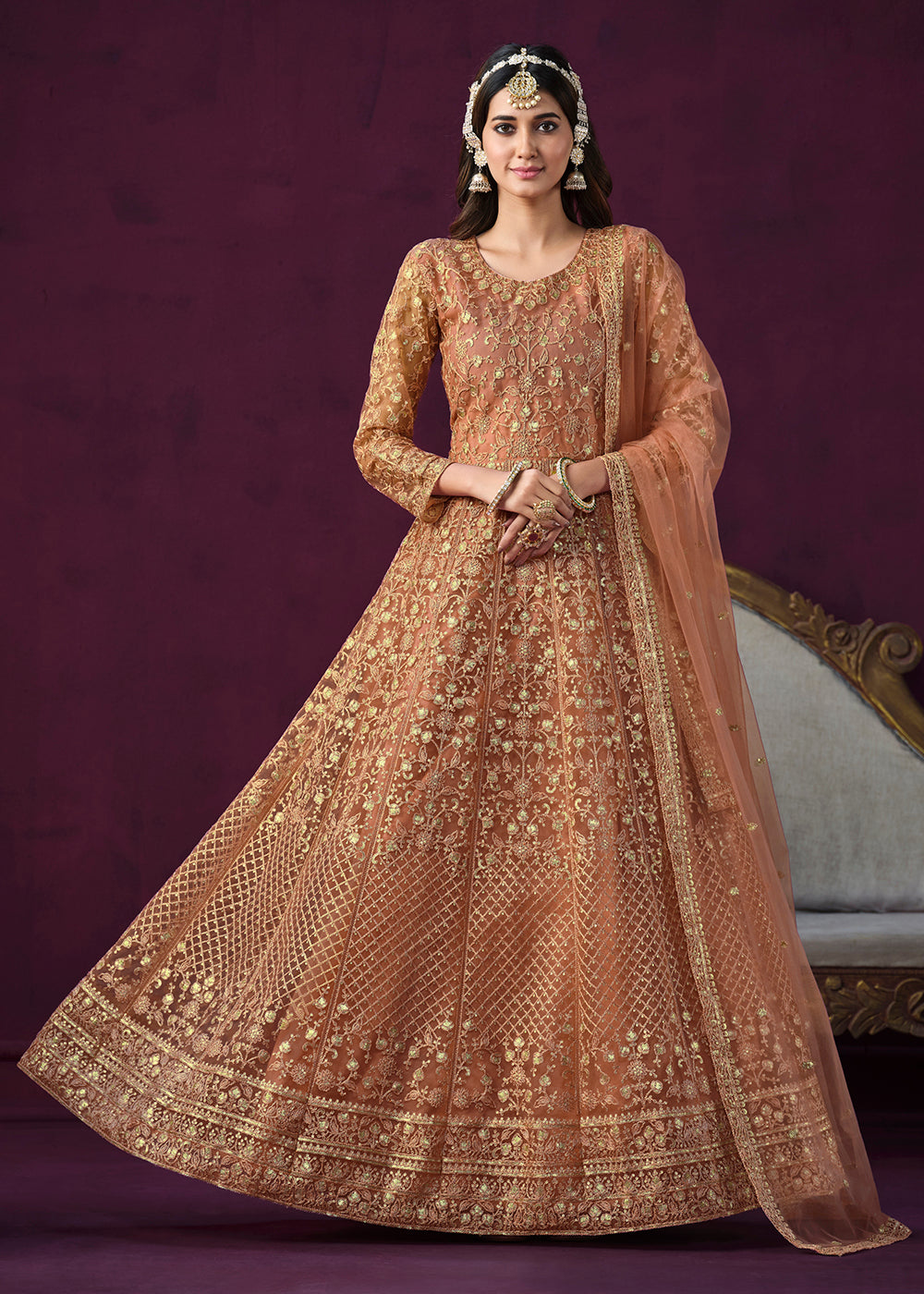 Buy Now Charming Orange Embroidered Net Floor Length Anarkali Suit Online in USA, UK, Australia, New Zealand, Canada & Worldwide at Empress Clothing.