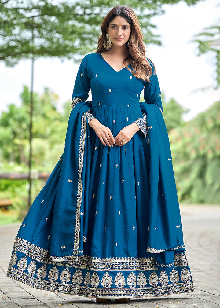 Buy Now Blue Art Silk Pretty Embroidered Work Festive Anarkali Gown Online in US, UK, Canada, France, Italy, Sweden, Ireland, Denmark &amp; Worldwide at Empress.