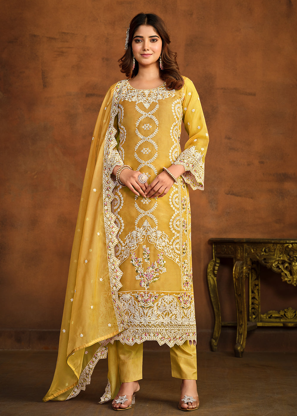 Buy Now Festive Style Mustard Soft Organza Pant Style Salwar Suit Online in USA, UK, Canada, Germany, Australia & Worldwide at Empress Clothing. 