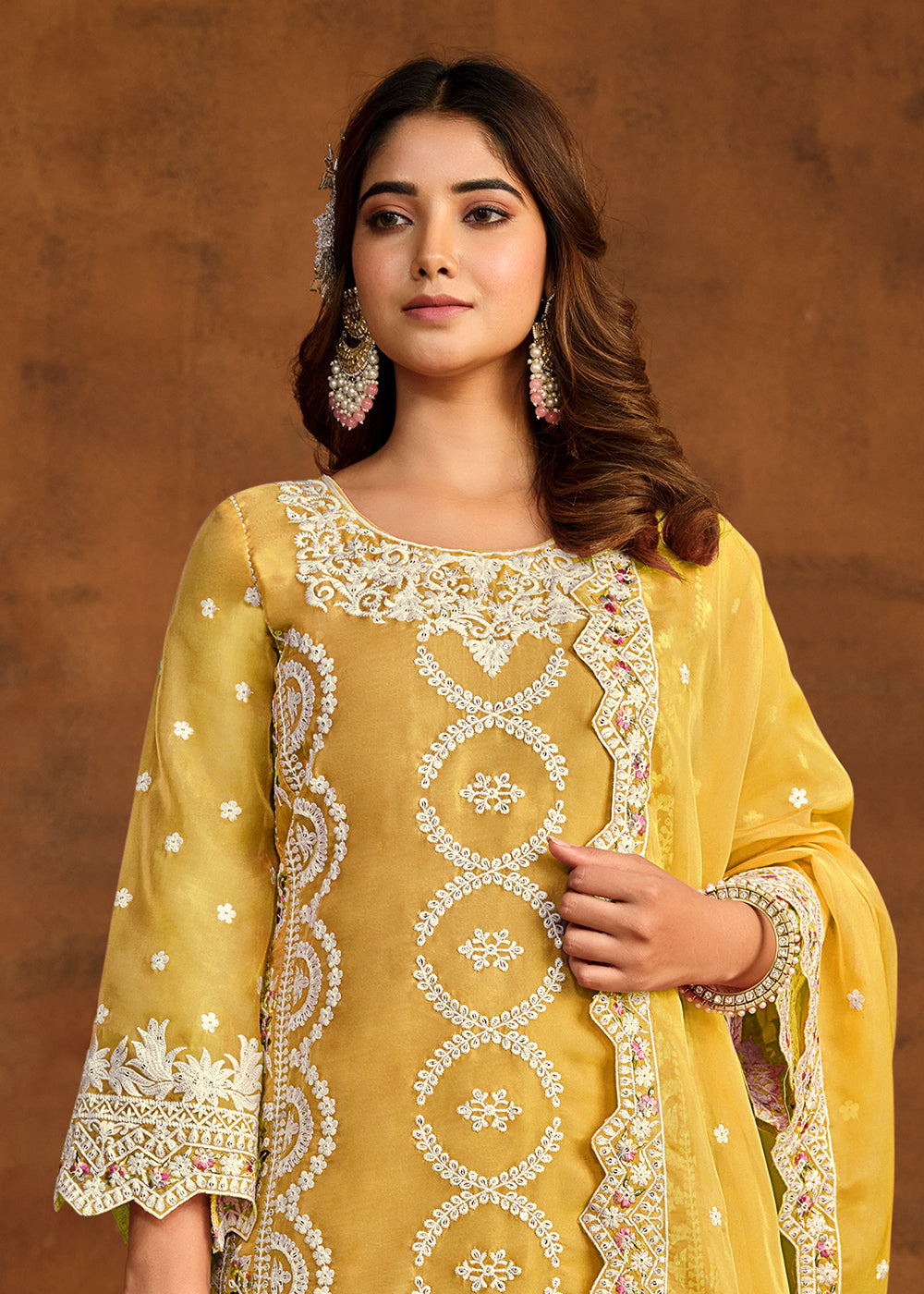 Pant Style Salwar Suit -Festive Style Mustard Soft Organza Salwar