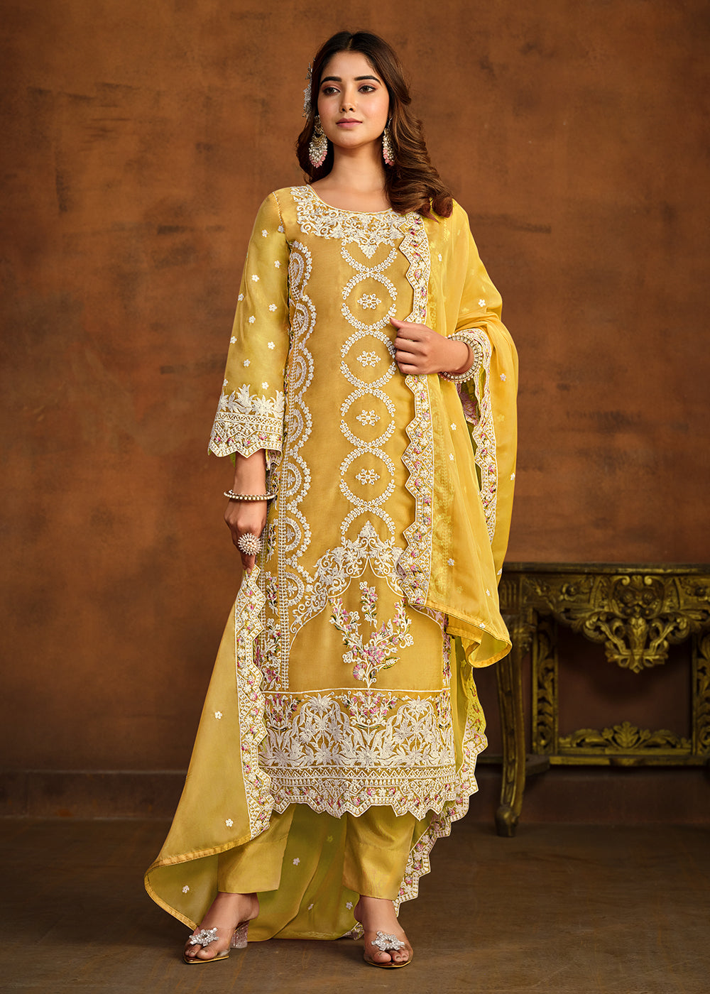 Buy Now Festive Style Mustard Soft Organza Pant Style Salwar Suit Online in USA, UK, Canada, Germany, Australia & Worldwide at Empress Clothing. 