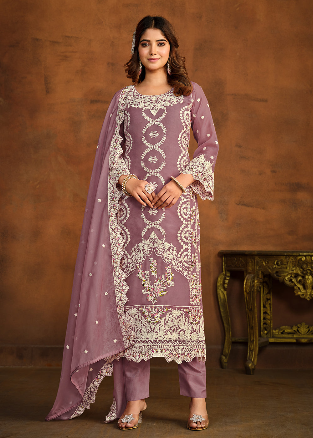 Buy Now Festive Style Purple Soft Organza Pant Style Salwar Suit Online in USA, UK, Canada, Germany, Australia & Worldwide at Empress Clothing. 