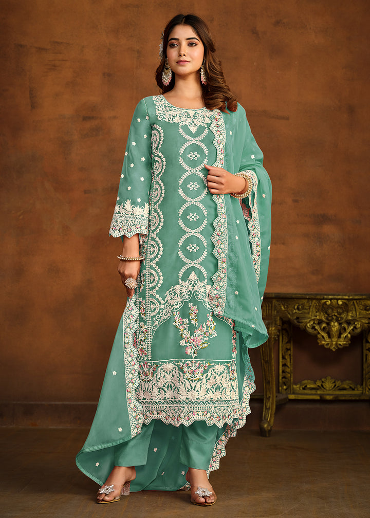 Buy Now Festive Style Sea Green Soft Organza Pant Style Salwar Suit Online in USA, UK, Canada, Germany, Australia & Worldwide at Empress Clothing.