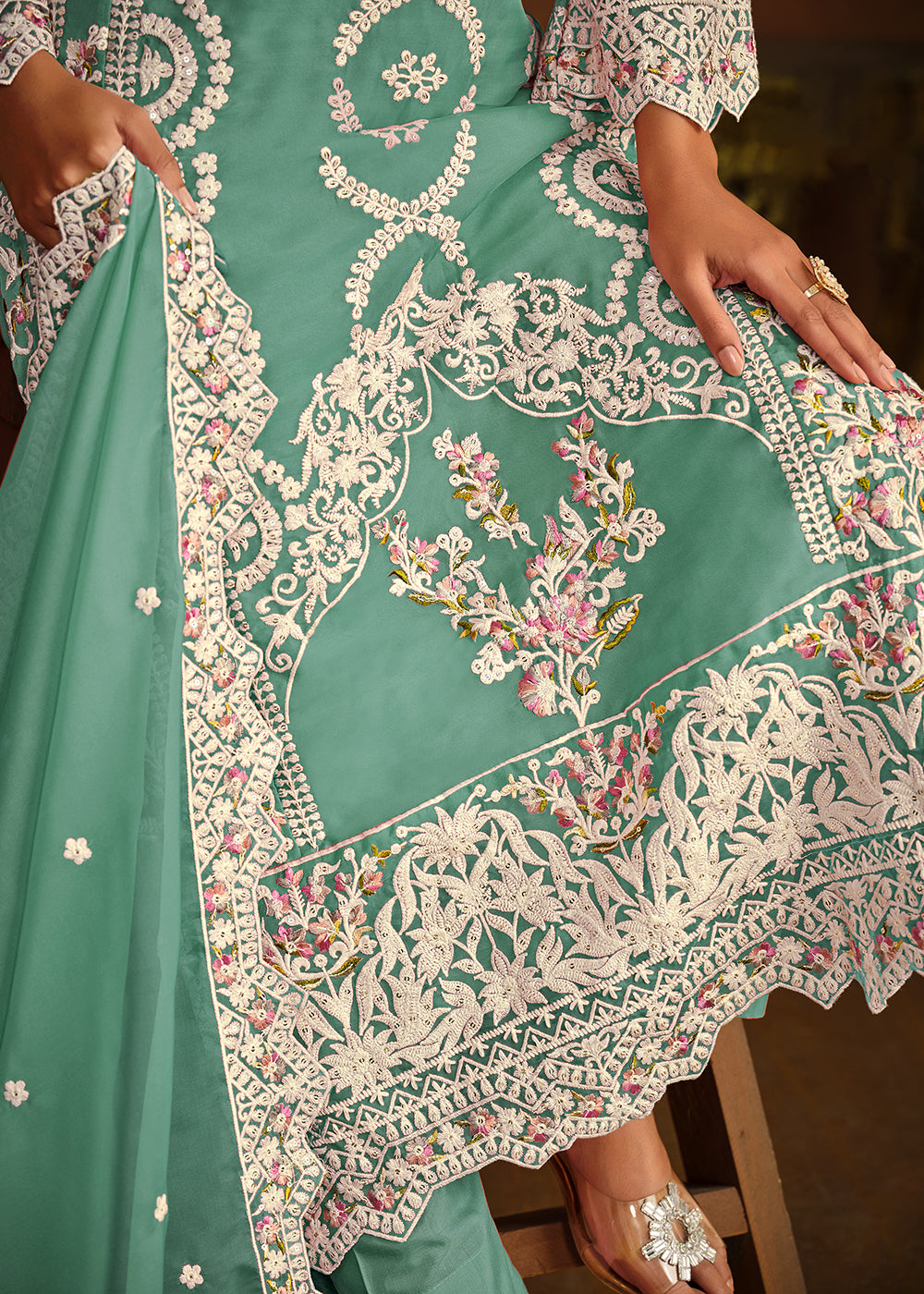 Buy Now Festive Style Sea Green Soft Organza Pant Style Salwar Suit Online in USA, UK, Canada, Germany, Australia & Worldwide at Empress Clothing.
