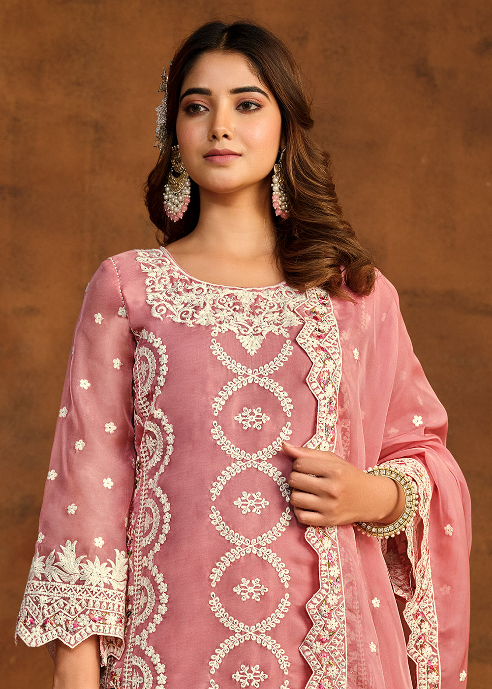 Buy Now Festive Style Pink Soft Organza Pant Style Salwar Suit Online in USA, UK, Canada, Germany, Australia & Worldwide at Empress Clothing. 