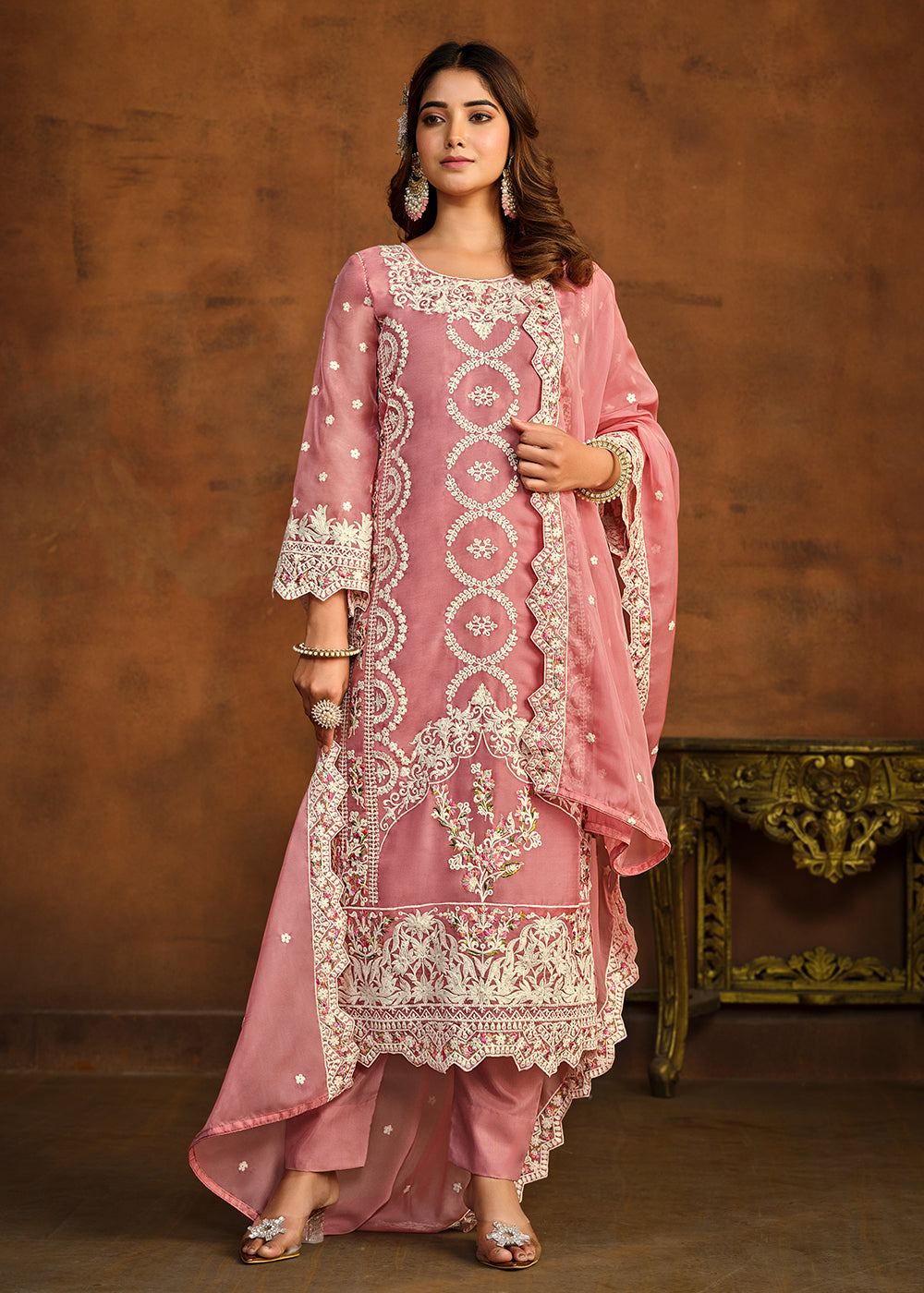 Buy Now Festive Style Pink Soft Organza Pant Style Salwar Suit Online in USA, UK, Canada, Germany, Australia & Worldwide at Empress Clothing. 