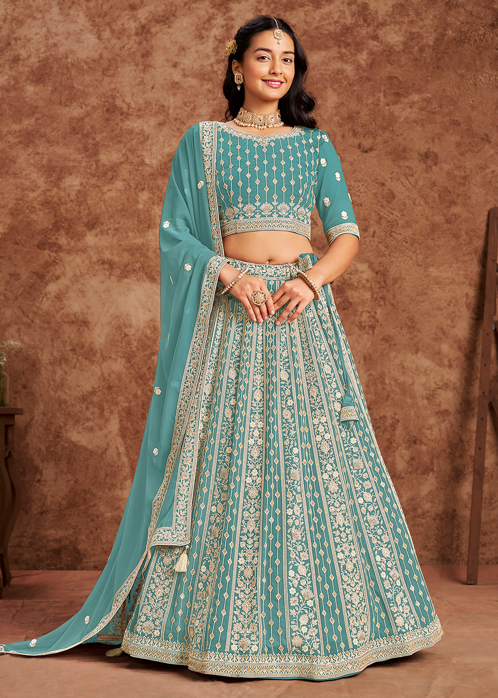 Buy Now Faux Georgette Blue Color Embroidered Lehenga Choli Online in USA, UK, Canada, UAE & Worldwide at Empress Clothing.