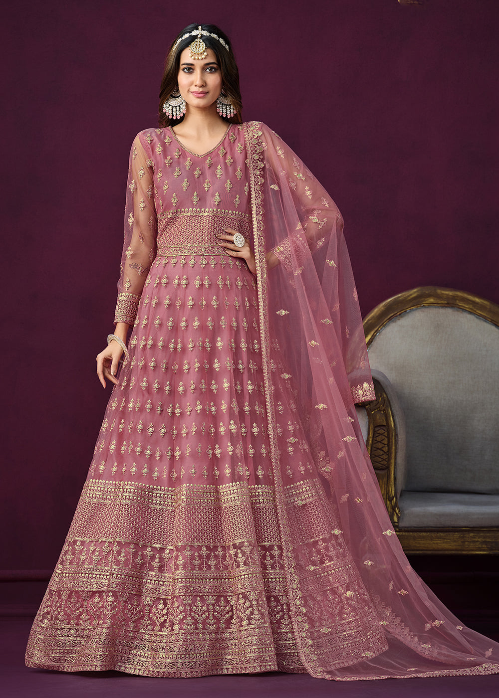 Buy Now Floor Length Pink Sequins Embroidered Wedding Anarkali Suit Online in USA, UK, Australia, New Zealand, Canada & Worldwide at Empress Clothing. 