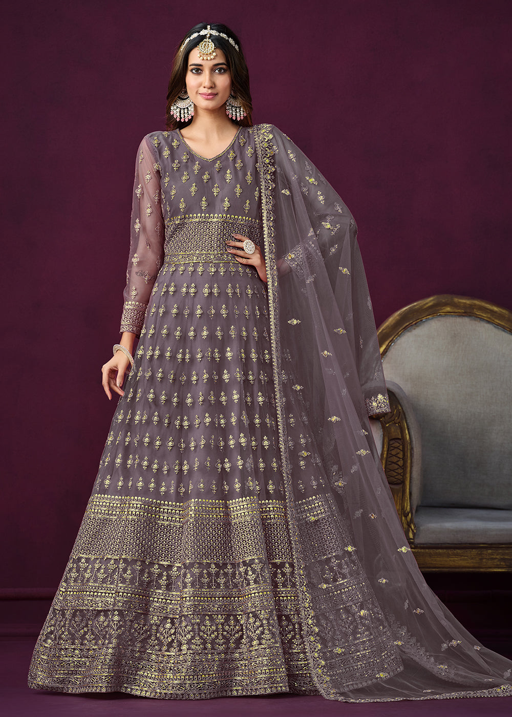 Buy Now Floor Length Purple Sequins Embroidered Wedding Anarkali Suit Online in USA, UK, Australia, New Zealand, Canada & Worldwide at Empress Clothing. 