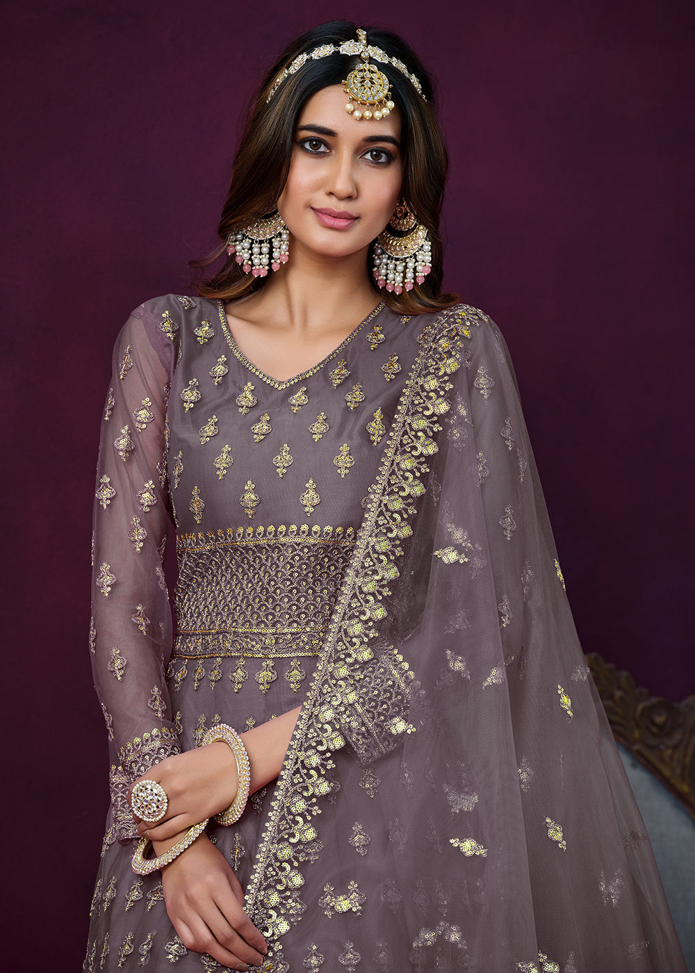 Buy Now Floor Length Purple Sequins Embroidered Wedding Anarkali Suit Online in USA, UK, Australia, New Zealand, Canada & Worldwide at Empress Clothing. 