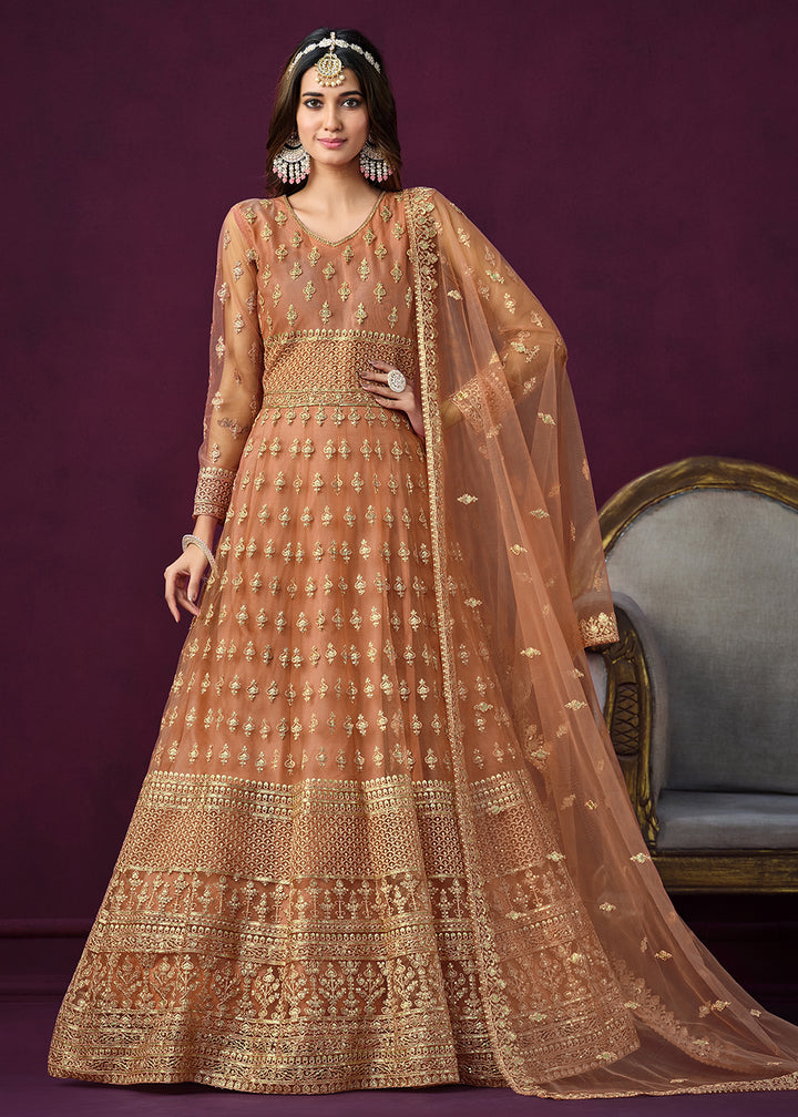 Buy Now Floor Length Brown Sequins Embroidered Wedding Anarkali Suit Online in USA, UK, Australia, New Zealand, Canada & Worldwide at Empress Clothing. 